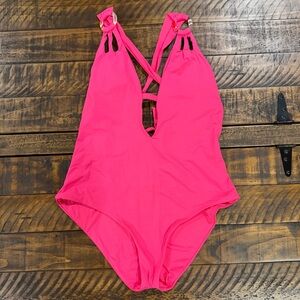 BECCA Hot Pink One-Piece Swimsuit with Ring Strap Detail Size Large